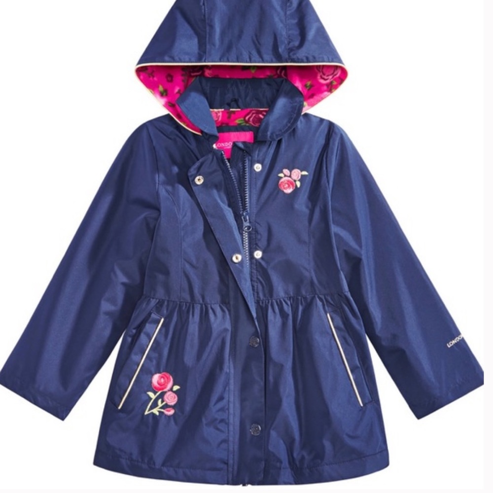 Colorful embroidered floral hooded trench coat